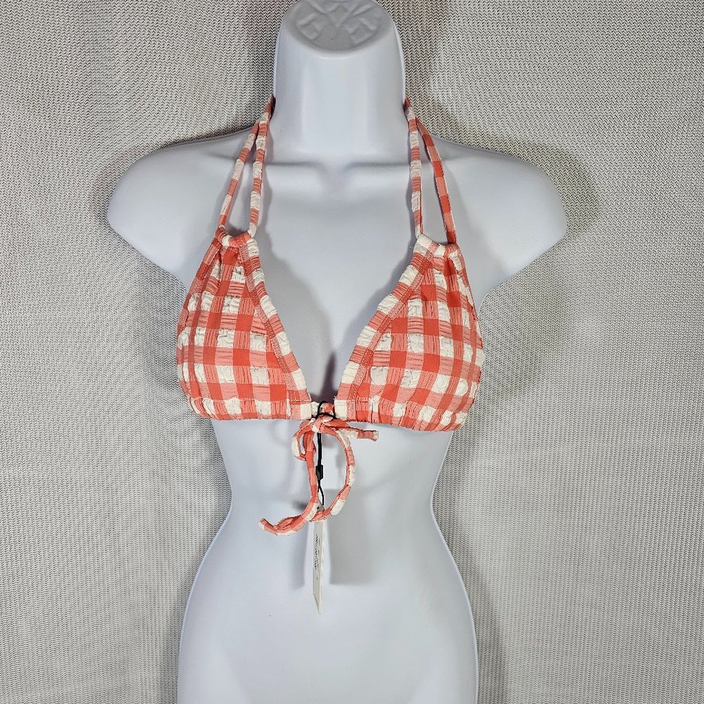 Montce Swim Shrimp Gingham Euro Bow Bikini Top Pink Size LARGE, Fit Medium - NWT